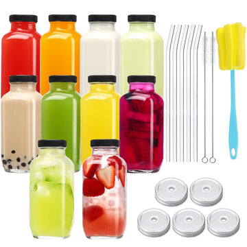 WHONLINE 10-Pack 16oz Glass Juice Bottles – Lids, Straws & Brush