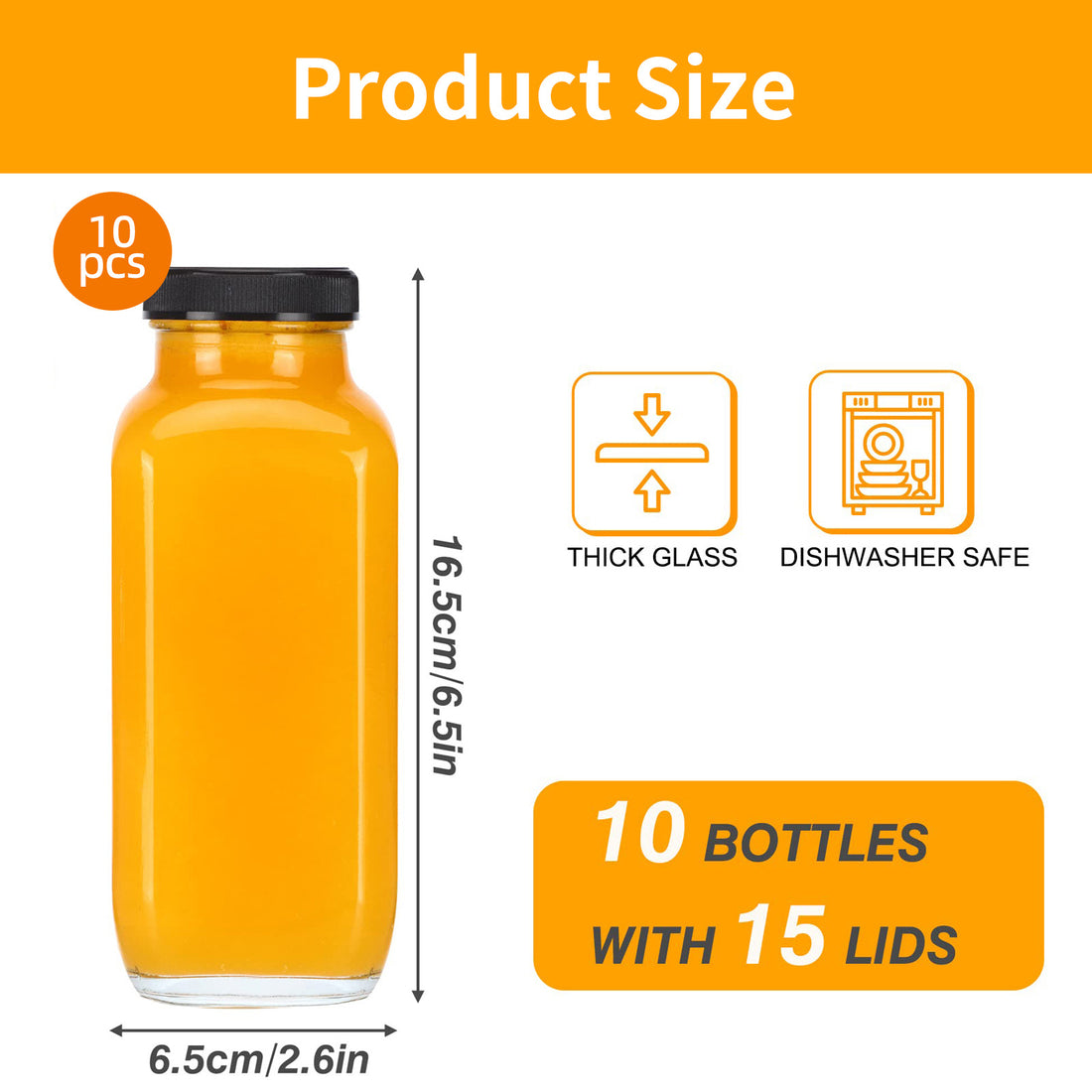 WHONLINE 10-Pack 16oz Glass Juice Bottles – Lids, Straws & Brush